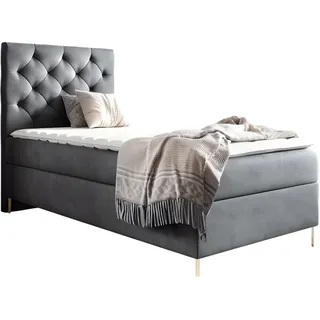 GUTTO Boxspringbett LIDIA 90 x 200cm Bettkasten TOPPER 5cm Gratis Grau Velour hohe goldene Beine - Grau