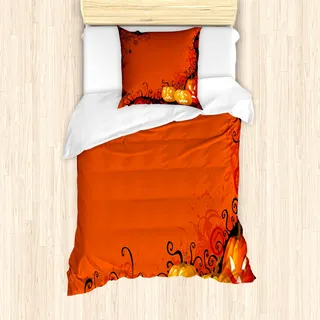 ABAKUHAUS Spinnennetz Mantele, Halloween Kürbisse, Milbensicher Allergiker geeignet mit Kissenbezügen, 135 cm x 200 cm - 80 x 80 cm, Orange Marigold Schwarz - Orange
