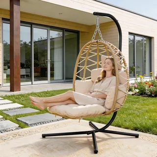 Hängesessel mit Gestell, Hängekorb Sessel mit Fußablage und Dicke Kissen, Outdoor oder Indoor Rattan Hängesessel, Möbel für Garten, Balkon, Wohnzimmer, Belastbar bis 150kg (Beige)