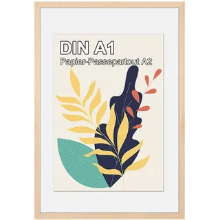 HOHIYO A1 Holz Bilderrahmen Posterrahmen Puzzlerahmen 59,4x84,1 cm aus Eiche mit Papier-Passepartout A2(59,4x84,1 cm) und bruchsicherem Plexi-Glas,zum Aufhängen