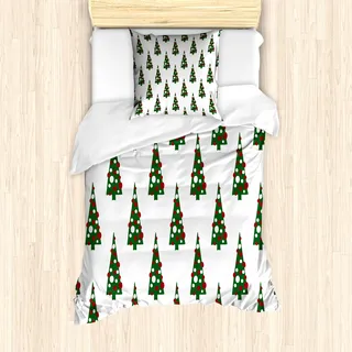ABAKUHAUS Geometrisch Mantele, Xmas Tree Pattern, Milbensicher Allergiker geeignet mit Kissenbezügen, 135 cm x 200 cm - 80 x 80 cm, Jägergrün Ruby-Weiß
