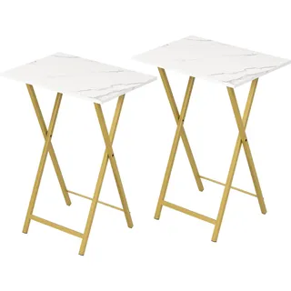 HOOBRO Beistelltisch Klappbar, Kleiner tabletttisch, TV Tray 2er Set, klapptisch Snack Tisch Industriestil, Sofatisch für kleinen Raum, einfach montierbar, Marmor und Gold EDM25BZ01