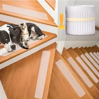 QWFHOME 20Pcs 10x60cm Treppenstufen transparent Matten Antirutsch Treppe Rechteckig Antirutschstreifen selbstklebend für Holzstufen Treppen Boden Antirutschmatte mit Selbstklebende Werkzeuge