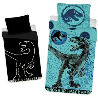 Jerry Fabrics Jurassic World Kinderbettwäsche Leuchtmotiv Velociraptor Dinosaurier Urzeitmonster Bettwäsche 140 x 200 cm + 70 x 90 cm Baumwolle