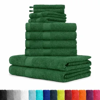 BaSaTex 10er Pack Handtuch Set - Frottee Handtücher mit Aufhängeschlaufe - 4X Handtuch, 2X Duschtuch, 2X Gästetuch, 2X Waschhandschuh - Öko-Tex Made in Green Zertifiziert - Dunkelgrün