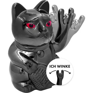 ANGRY CAT - Winkekatze Lucky CAT - rockige, winkende - Rock- japanische Winkkatze rockt - Dekoartikel Wackelfigur - Winke-Arm mit Heavy-Metal-Zeichen - 15cm, Black Shiny