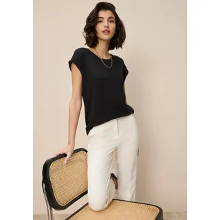 T-Shirt TAMARIS, Damen, Gr. 46, schwarz, Single Jersey, Obermaterial: 95% Viskose, 5% Elasthan, unifarben, Basic, regular fit hüftbedeckend, Rundhals, Aufschlag, Shirts T-Shirt, Regular Fit, mit überlappenden Schultern, Kurzarm mit Aufschlag, Topseller