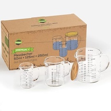 TreeBox Premium Messbecher glas - Messbecher klein - 3er Set, (250ml, 125ml & 50ml) - Robuste und hitzebeständige Messbecher Set aus Borosilikatglas mit Bambusdeckel -Mikrowellengeeignet