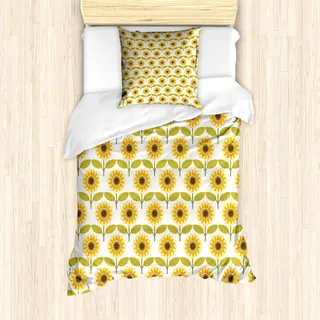 ABAKUHAUS Sonnenblume Bettbezug Set, Sonnenblumen Muster Herbst Jahreszeit Land Art Retro Illustrations Druck, 135 x 200 cm + 80 x 80 cm, Gelb Weiß Grün