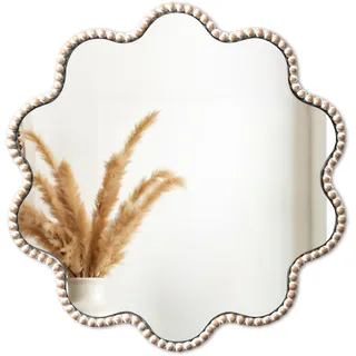 SUMGAR Wandspiegel Rund Boho Farmhouse mit Holzperlen-Design Runder Spiegel für Badezimmer Wohnzimmer Schlafzimmer Eingang Wanddekoration 38x38 cm Ästhetische Dekoration HD-Glas