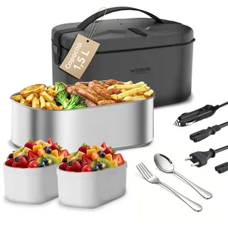 Wintem - Lunchy + 3 in 1 Elektrische Lunchbox aus Edelstahl mit Besteck, 80 W Thermo-Lunchwärmer für Zuhause, Büro und Auto, luftdichte Behälter und Doppelsteckdose 220 V/12 V
