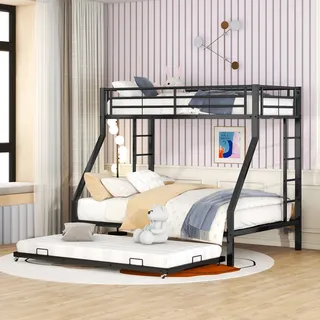 MODFU Etagenbett 90x200cm/140x200cm Ausziehbett mit ausziehbarem Bett, Metallbett Erweiterbares Kinderbett mit Rausfallschutz und Leiter(ohne Matratze), Schwarz - Schwarz