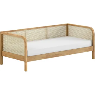 Home affaire Bett »Olive, mit Eiche massiven Bettpfosten, Bettseiten furniert« B/H/T ca. 210x75x96,6cm, Auf. Natur, zeitloses Design, 90/200 inkl. Lattenrost und trendigen Rattan Kopf- u. Seitenteilen, braun