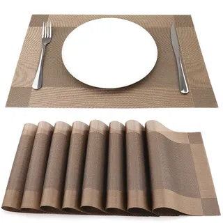 SueH Design Gewebte Platzsets Tischsets 8er Set Vinyl Hitzebeständig Platzdeckchen Antifouling und Waschbar 45 cm * 30 cm, Braun