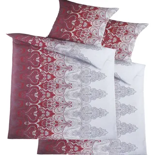 KH-Haushaltshandel 4-TLG. Seersucker Bettwäsche 2X 135x200 +80x80cm, rot grau weiß, Ornamente bügelfrei (W415510-)