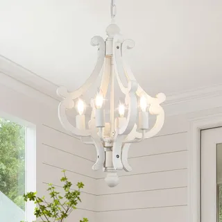 LXWNYY Vintage Weiß Kronleuchter, 4 Lichter Modern Rustikal Holz Pendelleuchte Hängelampe Esstisch, Französische Antik Landhausstil Hängelampe für Esszimmer Wohnzimmer Küche Schlafzimmer Flur