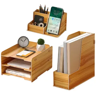 NUODWELL Schreibtisch-Organizer-Set aus Holz, 3-stöckig, Papier-A4-Aktenhalter, Stifthalter, Schreibtisch-Organizer und Aufbewahrung für Bürobedarf (Kirschfarben)