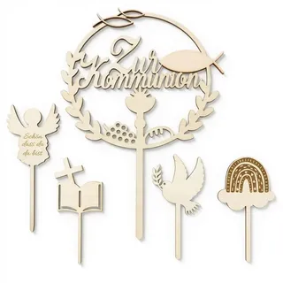 JIRVEX 5 Stück Cake Topper Konfirmation Holz Tortendeko Set für Konfirmation Torte Erstkommunion Taufe Tortenstecker für Junge Mädchen