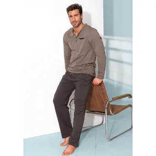 Pyjama AUTHENTIC LE JOGGER "Schlafanzug für Herren", Herren, Gr. 48/50, braun (braun, meliert, dunkelbraun), Jersey, Obermaterial: 100% Baumwolle, unifarben, Basic, bequem lang, Rundhals, angesetztes Bündchen, Homewear-Sets Pyjama, mit Knopfleiste