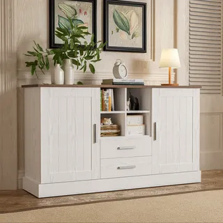 Flieks Sideboard, Anrichte mit 2 Türen, Platte in brauner Holzmaserung, Beistellschrank für Esszimmer Wohnzimmer Flur, Weiß - Weiß