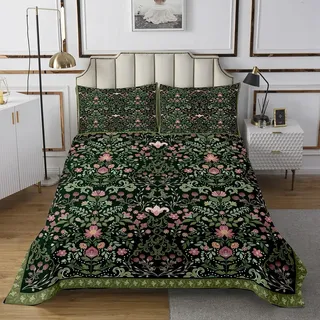 Homemissing Blumen Tagesdecke 240x260cm Jungen Mädchen Vinatge Botanischer Grün Steppdecke Für Kinder Retro Boho Blumen Wohndecke Dunkelgrün Lila Blüte Zimmer Dekor
