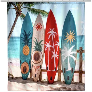 WENKO Duschvorhang 180 x 200 cm Mod. Louros, mit Surfbrett-Motiv, waschbar, mit Gewicht, wasserabweisend, Metallösen, inkl. 12 Duschvorhanginge, Duschvorhang aus Stoff