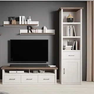 Wohnzimmer Wohnwand im Landhausstil LUND-78 in Pinie weiß Nb./Trüffel Eiche Nb., B/H/T: ca. 223/201/43 cm - Braun