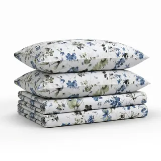 Tribeca Living Bettwäsche-Set, Doppelbett-Größe (Queen Size), Fadenzahl 300, weicher Baumwollsatin, Blumendruck, extra Tiefe Taschen, 4-teiliges Bettwäsche-Set, Blau (Amalfi Blue)/Mehrfarbig