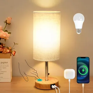 Görvitor Nachttischlampe Touch Dimmbar, Tischlampe mit USB-A/C-Ladeanschlüssen, Leinenschirm und 3 Helligkeitsstufen, Nachttischlampe mit Kabel für Schlafzimmer Wohnzimmer (Birne 9W enthalten)