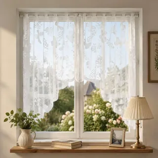 YAXIAO 2 Stück Scheibengardinen Modern Weiß 160x120cm küche Wohnzimmer | Schmetterling Spitze Scheibengardinen Natürliche Beleuchtung Und Privatsphäre Polyester für Café,Schlafzimmer,Restaurant