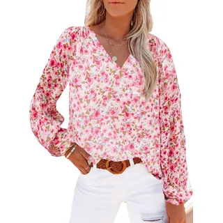 Damen Oberteile,Damen-Chiffon-Bluse, Sommer-Ballon-Langarmhemden, Einfarbig, V-Ausschnitt, Blumenmuster, Elegante Bluse, T-Shirt-Jacke, Lockere Bluse, Tunika, Sweatshirt-Oberteile Für Damen, Rosa, M