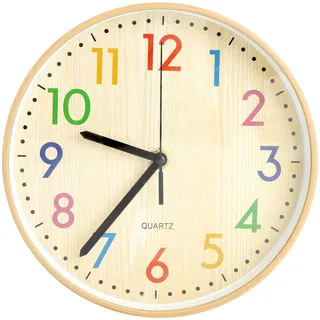 VOSSOT Wanduhr Kinderzimmer Lautlos, Erwachsener Kinderwanduhr Bunt Buchstaben, 20cm Uhr Holzmaserung Quarz für Schule Büro Wohnzimmer Küche (8 Zoll)