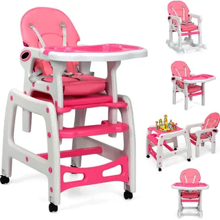 COSTWAY 3-in-1 Hochstuhl wandelbarer Fütterungsstuhl/Kinder Tisch und Stuhl Set mit abnehmbarem 4-Positionen Tablett Sitzkissen 3-stufiger Rückenlehne - Rosa