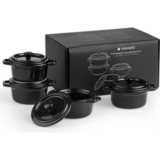 Navaris Mini Cocotte - Vielseitige Mini Auflaufform mit Deckel ofenfest - 4er Set - Souffle Förmchen - Ideal für Lasagne, Pudding, Omelettes, Suppen - Keramik - Schwarz