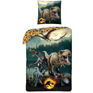 MTOnlinehandel Jurassic World Dinosaurier Kinder-Bettwäsche · 1 x Kissenbezug 80x80 + 1 x Bettbezug 135x200 cm · T-Rex Dino · 100% Baumwolle ·