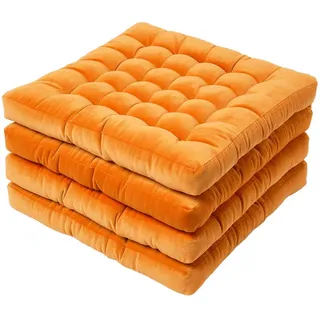 Homescapes Stuhlkissen Samt 4er-Set orange 40/40/5 cm , Textil , Quadratisch , 40x5x40 cm , Oeko-Tex® , Heimtextilien, Wohntextilien, Sitzkissen