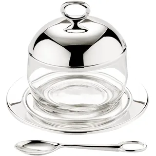 Edzard Marmeladenglas Jago (Durchmesser 10 cm) edel versilbert, mit Löffel und Unterteller, Dose für Zucker, Honig, Konfitüre