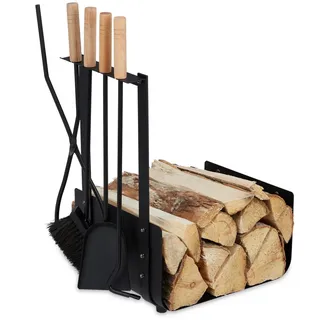 Relaxdays Kaminholzkorb Schwarz natur mit Kaminbesteck 5-tlg. , Metall, Holz , 46x62.5x30 cm , Kleinmöbel, Kamine & Zubehör, Kaminholzregale