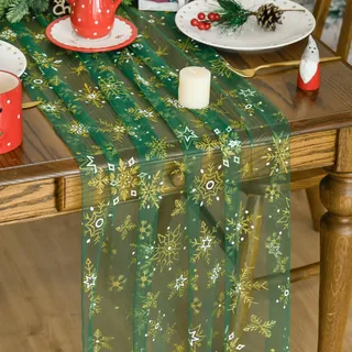 Artoid Mode Gaze Tüll Grün Gold Schneeflocken Winter Tischläufer 70x300 cm, Weihnachten Küche Tisch Dekoration Drinnen Urlaub Party Dekor