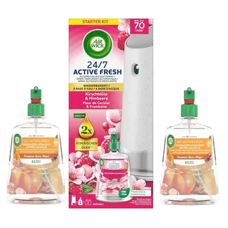 Air Wick Active Fresh Automatisches Duftspray Bundle – Automatisches Starter Set & Nachfüller – 1 x Kirschblüte & Himbeere + 2 x Pumpkin Spice Magic – Wasserbasiert, 3x 228ml