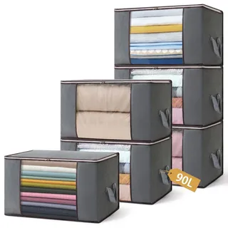 Boic 6 Stück 90L Aufbewahrungstasche, Aufbewahrungsbox mit Deckel, Groß Kleideraufbewahrung Umzugskartons, Faltbare Aufbewahrung Boxen für Bettdecken Decken Kleidung Unterbett Kleiderschrank, Grau