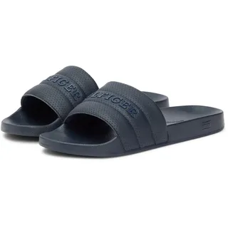 Pantolette TOMMY HILFIGER "HILFIGER PAD PERF POOL SLIDE", Damen, Gr. 43, dunkelblau, Lederimitat, unifarben, Schuhe Pantolette, Sommerschuh, Badepantolette mit Logoschriftzug