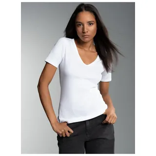 T-Shirt TRIGEMA "TRIGEMA V-Shirt aus Baumwolle/Elastan", Damen, Gr. XL, weiß, Feinstrick, 95% Baumwolle, 5% Elastan, Basic, lang, V-Ausschnitt, Shirts T-Shirt