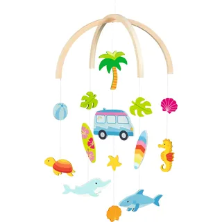 goki 52865 - Mobile Surfer Van aus Holz, beruhigendes Holz-Mobile mit niedlichen Figuren, Thema Meer & Strand im Babyzimmer, fördert Fantasie und visuelle Entwicklung, 25cm x 30cm, ab Geburt