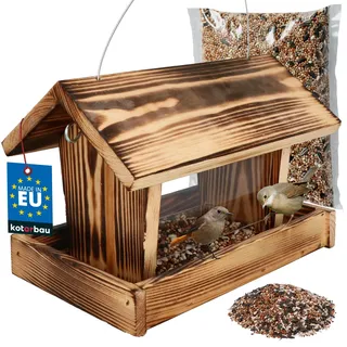 KOTARBAU® Vogelhaus zum Aufhängen - 28 x 18 x 20 cm - Vogelfutterhaus aus Holz - mit Seitenwänden aus Acrylglas - Vogelhäuschen + Vogelfutter 0,5 kg - Holzdeko für Garten