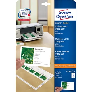 Avery Zweckform C32011-25 Superior Visitenkarten, 85 x 54 mm, einseitig bedruckbar, matt weiß, 250 St.