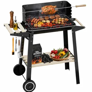 HOMELUX Holzkohlegrill, 84 x 39 x 87 cm Grillwagen Standgrill | Mit Rädern & Holzablage, Ideal für Picknick, Garten Camping