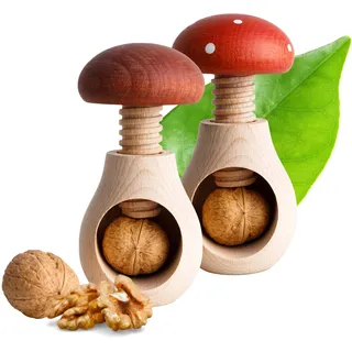 Creative Home Nussknacker Holz Set 2 Stück | Fliegenpilz und Steinpilz Form | 10 x 6 cm | Natürliches Buchenholz | mit Schraubmechanismus | Schraubgewinde | Massiv & Nützlich Nussknack