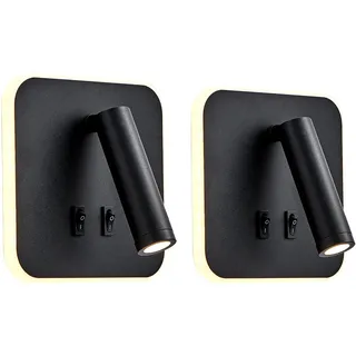 uksunvi LED-Wandleuchte, Nachttisch-Lesewandleuchte, 12W LED Wand-Leselampen, verstellbarer Strahler (3W +9W 3000K Warmes Licht) schwarz (schwarz Quadrat 2PCS)