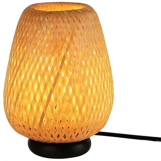Naturale Bambus Rattan Weiden Schirm Tischlampe im nordischen Vintage-Stil mit schwarzer E27 LED Lampenfassung für Schlafzimmer Nachttisch